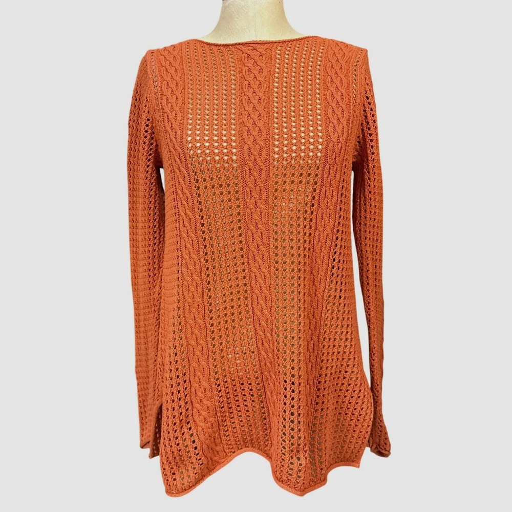 VTG Jeanne Pierre L Orange Open Knit Crochet Cable & Lace Sweater Autumn Cottage